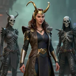 female loki in the style of hell boy, death, highly detailed, character concept, unreal engine 5, candid photography, by anne stokes