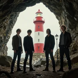 lighthouse in the cave, andreas achenbach, artgerm, mikko lagerstedt, zack snyder, tokujin yoshioka