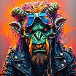 an apocalyptic demonic orcish goblin biker character, cool pose, psychedelic vibrant colors, futuristic punk rock fashion, oil painting by michael whelan art, sharp focus, ultra realistic 8 k, biker goggles, 8 0 s hair, studded leather jacket, 8 k