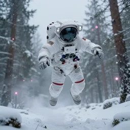 mid - angle single shot of flying body of space astronaut in weightlessness inside siberian snow forest from bottom to top view, small foggy and gloomy, pink lights, bokeh background, highly detailed science fiction illustration by jeremy geddes. photorealistic, octane render, hyper detailed, 8 k, movie still, artstation, unreal engine