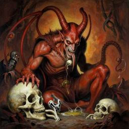 A very detailed surreal fantasy horror painting of Asmodeus chilling in hell devouring souls by Manjit Bawa and Salvador Dali, trending on artstation, hyper detailed, 4k, masterpiece, widescreen.