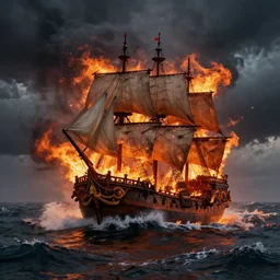 burning ocean, storm, dramatic sky, waves, dark, flame, pirate sail ship, hyperrealistic, highly detailed, fractal,