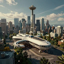 immaculate wide shot ambient occlusion of an retrofuturistic seattle spaceport, cycles render, turbosquid, wide, isometric metropolis filmic, vaporwave, edward hopper, gotham, vanishing point, leading lines