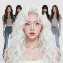 beautiful korean woman, white curly hair and pastel smeared makeup, extremely detailed, sharp focus, wide view, full body shot, smooth, digital illustration, by, james jean!!!!!, by rossdraws, frank franzzeta, sakimichan, jeremy lipking