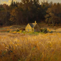 a romantic grassy landscape with a singular house during golden hour, a dense mysterious dark forest in the background, warm colors, wide angle, top view, high detail, modern art, oil painting by john constable