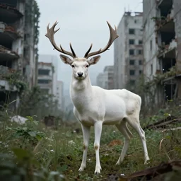 professional photograph of a majestic white deer standing in front of an abandoned city overgrown with plants, dystopia, post - apocalyptic, hd, 4 k