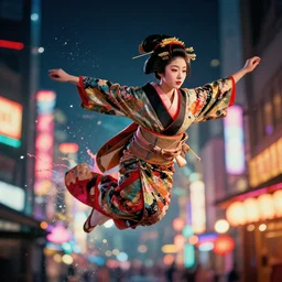beautiful geisha flying over a colorful city, splash art, movie still, cinematic lighting, dramatic, octane render, long lens, shallow depth of field, bokeh, anamorphic lens flare, 8 k, hyper detailed, 3 5 mm film grain