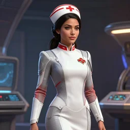 epic professional digital art of stunningly gorgeous female latina starship nurse, by leesha hannigan, iris van herpen, artstation, cgsociety, wlop, epic, much wow, much detail, gorgeous, detailed, masterpiece