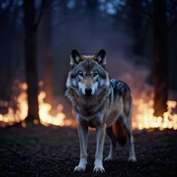 lomo photo of a wolf standing in a burning forest, cinestill, bokeh, out of focus, night, dramatic lighting, grainy