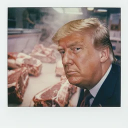 macro head shot of donald trump and a room made of full of raw meat on butchery floor, cinematic focus, polaroid photo, vintage, neutral dull colors, soft lights, foggy mist, by oleg oprisco, by thomas peschak, by discovery channel, by victor enrich, by gregory crewdson