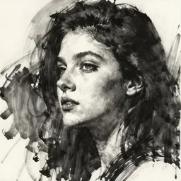 portrait of dazed model looking left, black ink on paper
