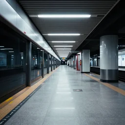 empty subway station at night lit up by fluorescent, led and neon lights, night photography