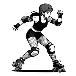 logo design, roller derby girl sprinting Cross-Over, wearing skate helmet, knee pads, elbow pads,full length portrait, fishnet tights, torn, ripped, fists in the air, illustration by greg rutkowski