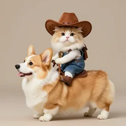 fluffy cat in cowboy hat like a tiny girl riding on the back of a giant corgi, by greg rutkowski