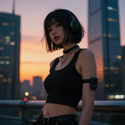cyberpunk girl looking to the ciry at sunset