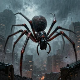 A terrifying giant spider destroying a city, dramatic atmosphere, cinematic lighting, rain, masterpiece digital painting by Alex Grey, Greg Rutkowski, 4k wallpaper, artstation