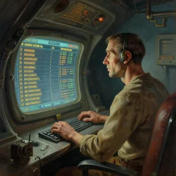 humanoid airplane watching worried a screen with flight information. mysterious atmosphere, steampunk. painting by moebius