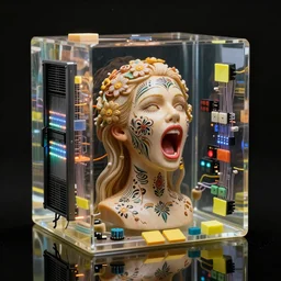 Biomorphic Woman Wax Doll screaming inside a gelatinous cube of aspic of electronics, portrait photograph. jell-o of optical fibers, transparent server racks, leds, sticky buttons, hi-tech. Reflection on the oil. Insanely detailed and intricate, golden ratio, realistic 3D. Flowers tribal style. Hyper realistic, super detailed realistic octane render, ray tracing, 8K, fashion photography, hard light insanely detailed and intricate.