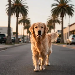 golden retriever dog walking in tel aviv street looking at the camera. palm trees. realistic. sunset. high quality. digital art. watercolor. highly detailed. drawing. art. colorful. fluffy art by greg rutkowski and alphonse mucha