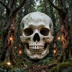 a portrait of the ghost skull of the forest with wood spirits in the trees with will o the wisp, photorealistic, by greg rutkowski, wlop, 4 k resolution h 7 6 8