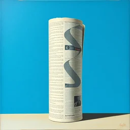 painting of a very thick roll of newspaper standing on end against a blue background, by ivan seal, surreal