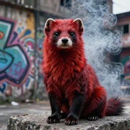 photo ( far _ shot ), subject [ furry _ fandom _ fursona _ original _ character ( red - black, anthropomorphic _ humanoid _ weasel - ferret - stoat ) ], background ( smoke, concrete ), medium [ graffiti ( spray _ paint ) ], location ( favela _ wall )