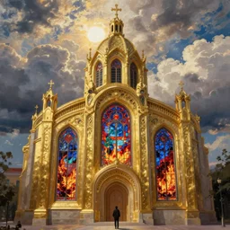 breathtaking detailed soft painting of an golden art nouveau cathedral, above the sunlit sky with tumultuous clouds, colorful stained glass with one person standing in front, rembrandt style, hyper detailed fire stained glass windows, volumetric lighting, concept art, matte, sharp focus by tom bagshaw, and greg rutkowski