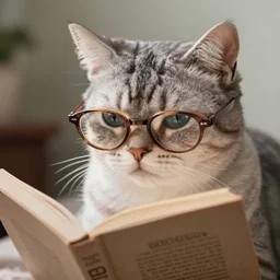 Cat in vintage glasses reading book, 40nm lens, shallow depth of field, split lighting, 4k,