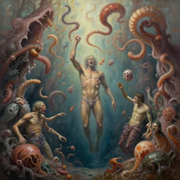 undigested organisms writhing and witching in the deep breath before the plunge, a surreal cognitive illusion in a detailed elaborate surrealist fantasy nightmare airbrush painting by michael whelan and jeffrey smith and peter andrew jones and oleg shupliak, candid photography, rendered in octane then in cryengine