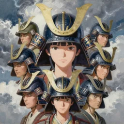 painting of a girl with samurai helmets in the style of cowboy bebop, calm, fantasy character portrait, dynamic pose, above view, sunny day, thunder clouds in the sky, artwork by jeremy lipkin and giuseppe dangelico pino and michael garmash and rob rey and greg manchess and huang guangjian and makoto shinkai, very coherent asymmetrical artwork, sharp edges, perfect face, simple form, 1 0 0 mm