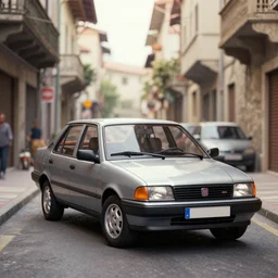 3 d render of an fiat multipla on a very narrorw busy street