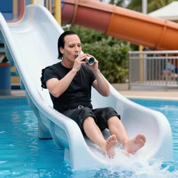 marilyn manson blowing the whistle to let kids go down the waterslide at the waterpark