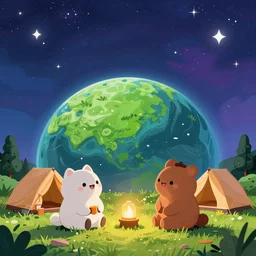 Two creatures sitting at the campsite with the vibrant starry sky and a lush green planet in the background. Award-winning digital art.