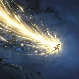 a bright energy stream flowing left to right. it flows through a figure in the center who takes control. | anime still. the composition and color are different on the left and right sides