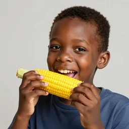 black boy eating a cob of corn, very happy, missing front teeth, hyperrealism photo in the style of the simpsons