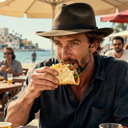 epic masterpiece of cinematographic hyperrealism where bradley cooper with a hat appears eating a taco in the background you can see the seat of san jasinto. realistic shaded lighting poster by craig mallismo, artgerm, jeremy lipkin and michael garmash, unreal engine, radiant light, detailed and intricate environment, digital art, art station trends