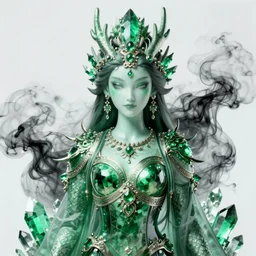 a beautiful portrait of an emerald dragon goddess centered in the frame, emerald crystals, black smoke, fantasy character portrait, ultra realistic, wide angle, highly detailed, artwork by peter mohrbacher, boris vallejo, craig mullins