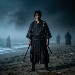a wounded samurai on a foggy beach at night after a battle