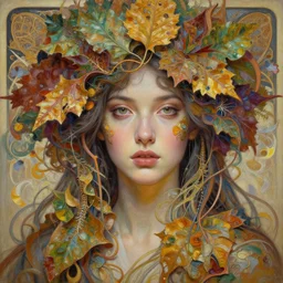 a beautiful woman portrait in intricate detailed color oilpaint, 3 d render, hyper realistic detailed portrait, big flocking color leaves, thin color fractal tendrils, ornate leaves, elegant, intense colors, ruan jia, wlop. scifi, fantasy, hyper detailed, wide shot, octane render, concept art, by peter mohrbacher, by alphonse mucha, by wlop,