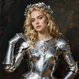 rugged sultry thick saoirse ronan, blonde hair, wearing silver armour, posing seductive, ornate silver wreath, oil painting by titian, hard focus, portrait
