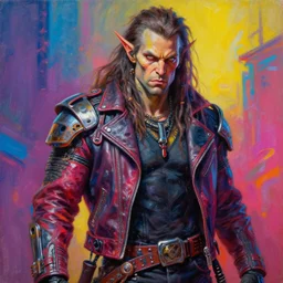 apocalyptic scifi orcish biker character in a standing pose, psychedelic vibrant colors, futuristic punk rock fashion, highly detailed oil painting by michael whelan art, perfect face, sharp focus, detailed eyes, realistic, long hair, leather jacket, 8 k