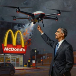 barack obama as a cyborg sending a predator drone to blow up a mcdonalds, highly detailed, oil painting, low light, abstract