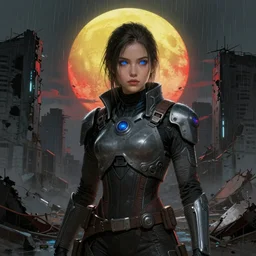 A portrait of a blue eye girl, ruins of a destroyed city and a yellow -red moon on background, techwear, Sith, battle worn, night, rainy atmosphere, natural volumetric light, intricate, highly detailed, digital painting, concept art, sharp focus, illustration, art by greg rutkowski, matte painting, trending on artstation