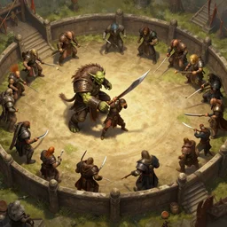 rugged goblin fighting in arena, aerial view, d & d, fantasy, concept art, artstation