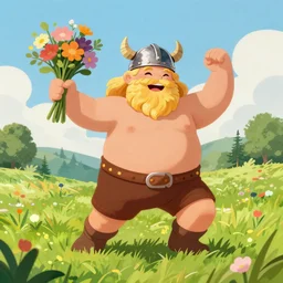 happy male chubby blonde viking wearing a helmet dancing around in meadow holding a bunch of flowers in the style of rutkowski