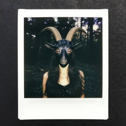 polaroid vintage of a woman with black goat mask in the forest, occult