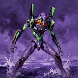 evangelion, fight in purple sea ocean, detailed, impressionistic, photorealistic by james gurney, willem claesz heda