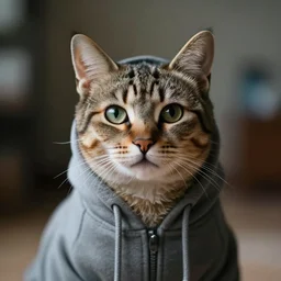 a cinematic photo, cat in a hoodie, front view, ultra realistic, canon, 3 5 mm, bokeh, coherent