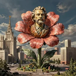 colossal grotesque flower proletariat statue made from Lenin heads in the middle of abandoned early soviet constructivist cityscape, Stalinist architecture, ultradetailed by Hayao Miyazaki and Josan Gonzalez and Makoto Shinkai and Giuseppe Arcimboldo and Wes Anderson