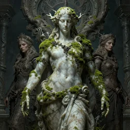 very complex hyper-maximalist overdetailed cinematic darkfantasy portrait of a marble statue of a god covered in moss by andrei riabovitchev, tomasz alen kopera, oleksandra shchaslyva. Omnious intricate, octane, Deviantart, hyper detailed illustration, 8k